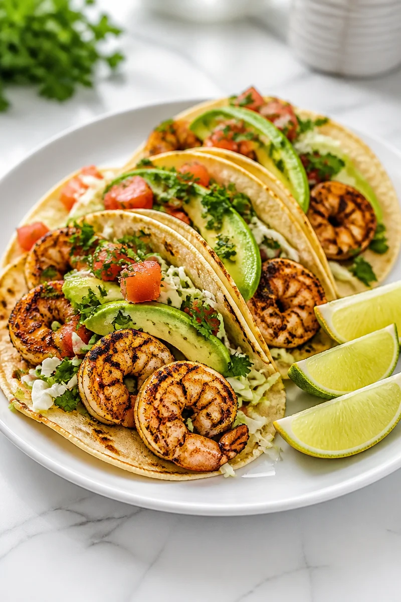 Spicy Cajun grilled shrimp tacos served on a plate with fresh toppings.