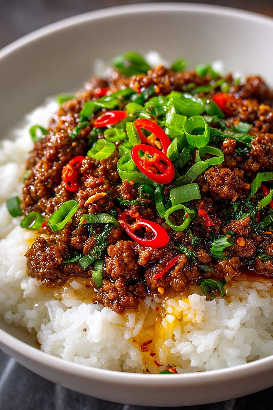 Delicious Sticky Sweet and Spicy Mongolian Ground Beef served on a plate