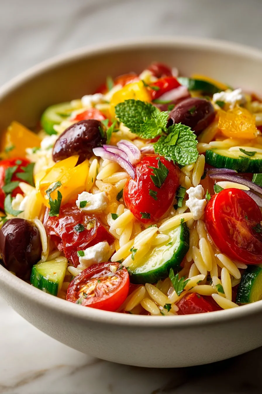 A bowl of Summer Veggie Mediterranean Orzo Salad with fresh vegetables and herbs.