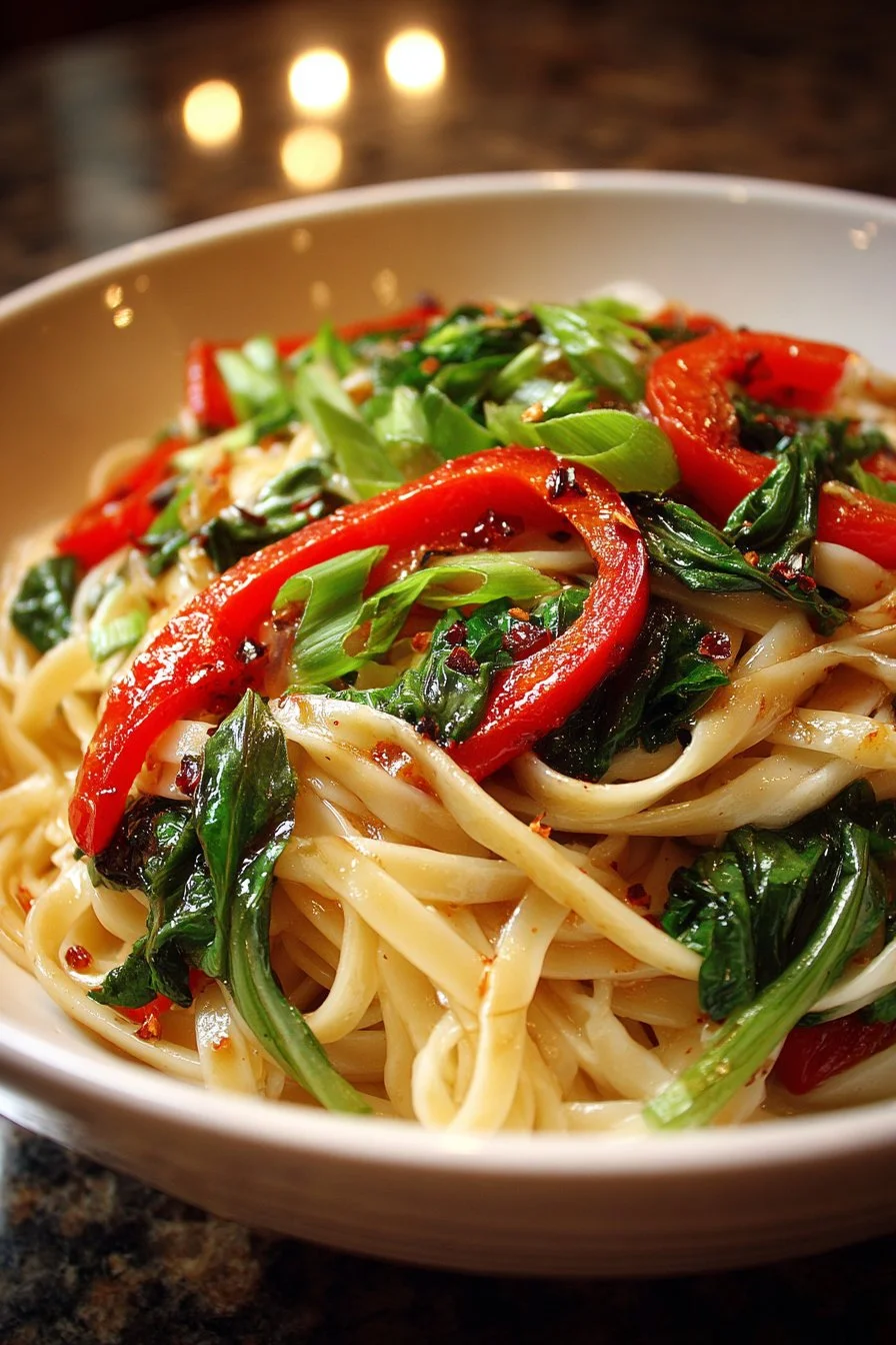 Plate of Sweet Basil and Bell Pepper Italian Drunken Noodle garnished with herbs