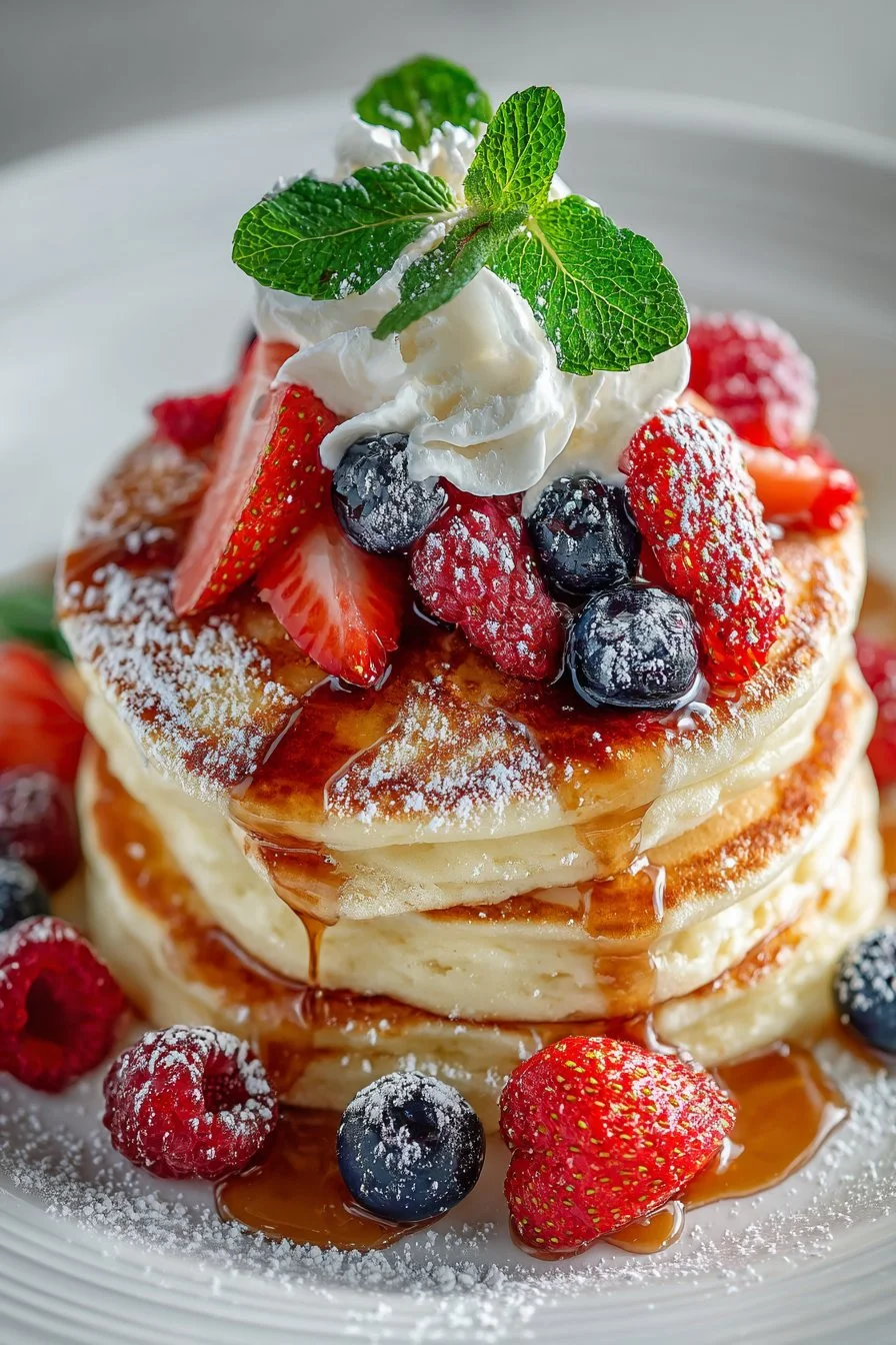 Delicious sweet berry topped Japanese pancake stack on a plate