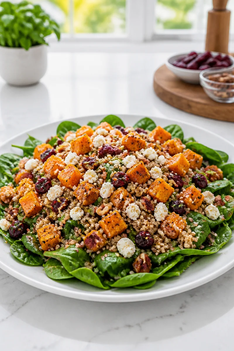 Warm autumn quinoa salad with roasted sweet potatoes and fresh vegetables