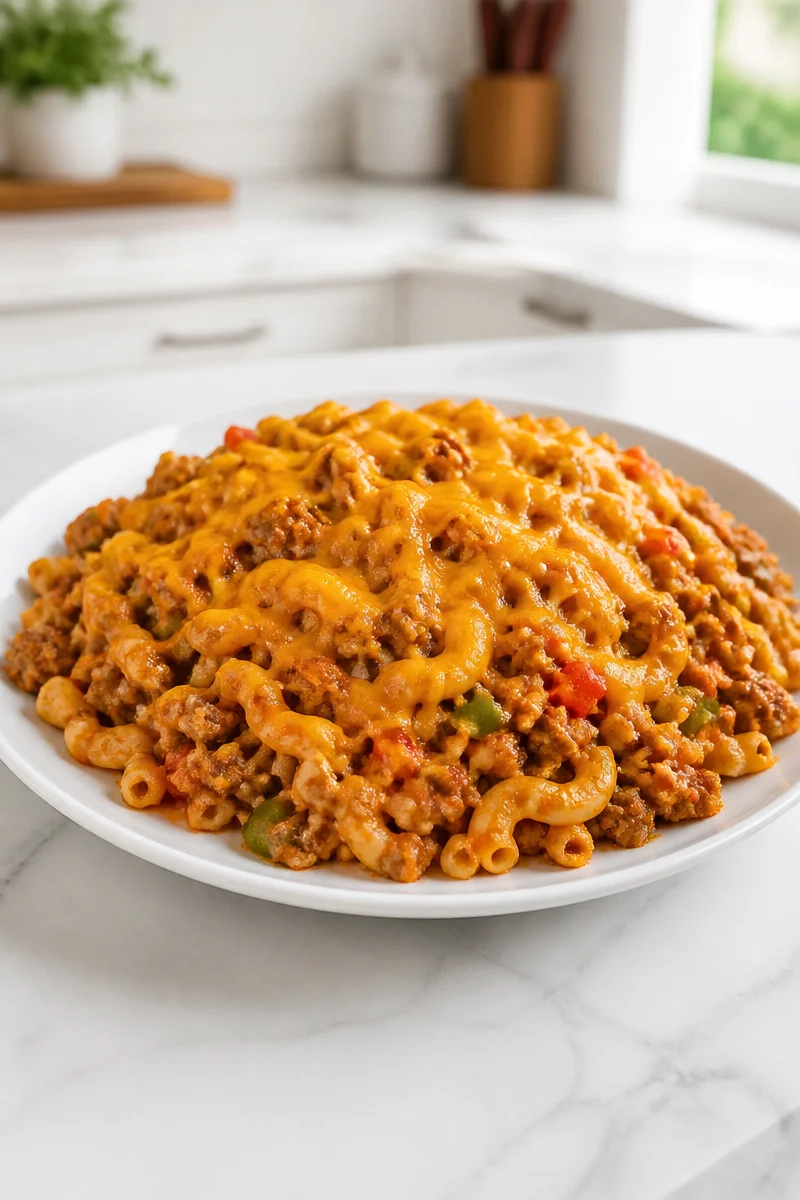 30-minute Sloppy Joe Casserole with ground turkey and melted cheddar cheese