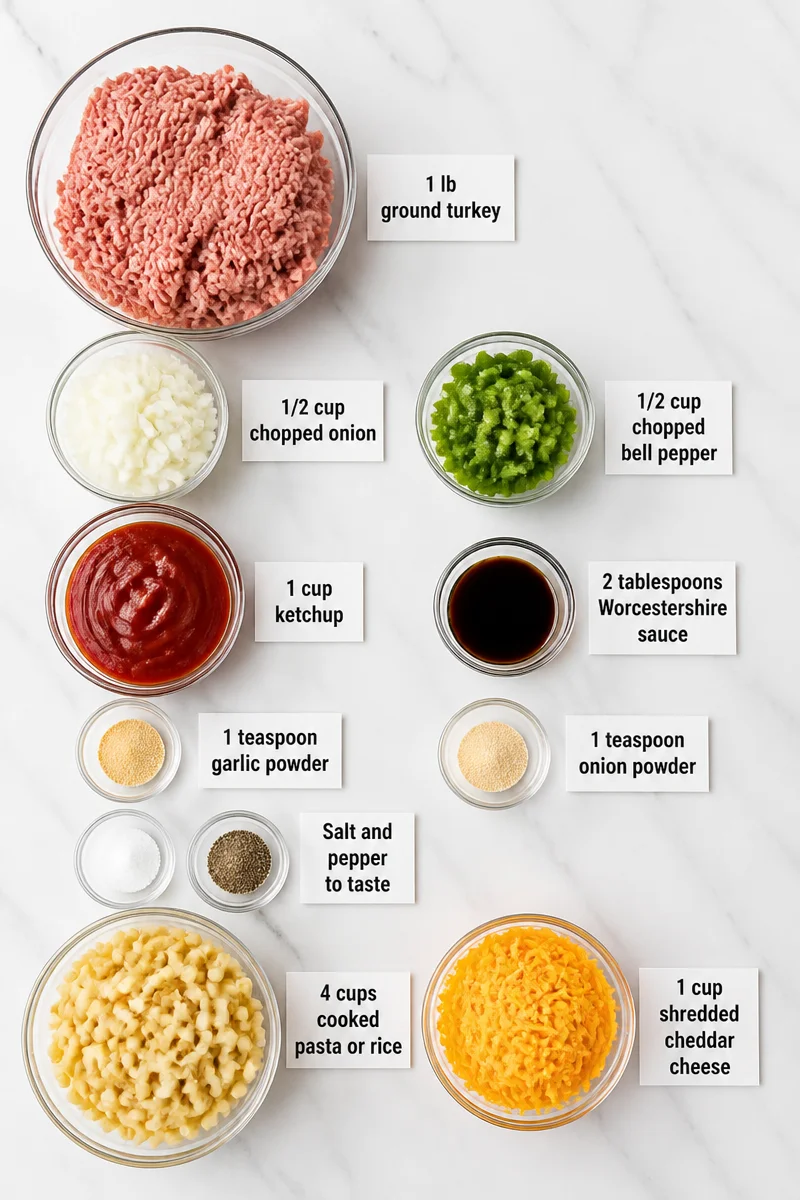 30-Minute Sloppy Joe Ground Turkey Casserole with Cheddar