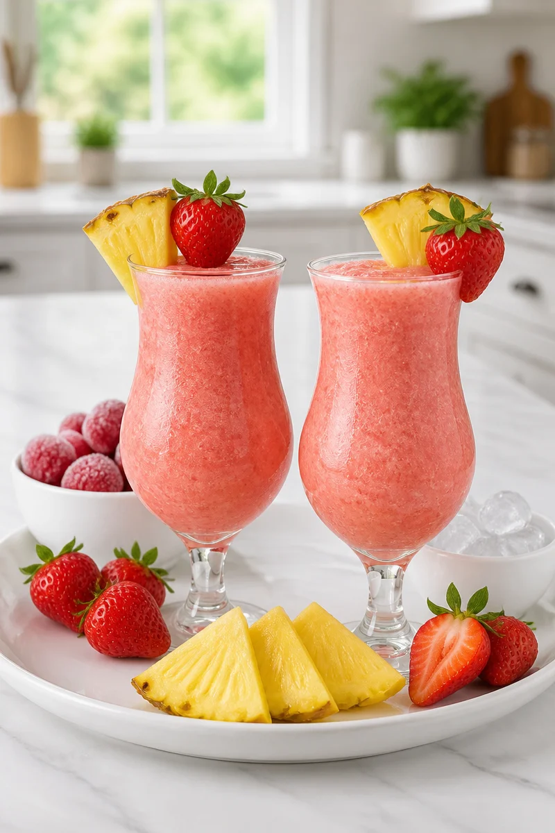 Delicious alcohol-free frozen strawberry pina colada in a glass with strawberries.