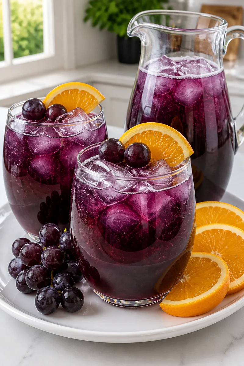 Alcohol free Purple Witches Brew Halloween mocktail served in a spooky glass.