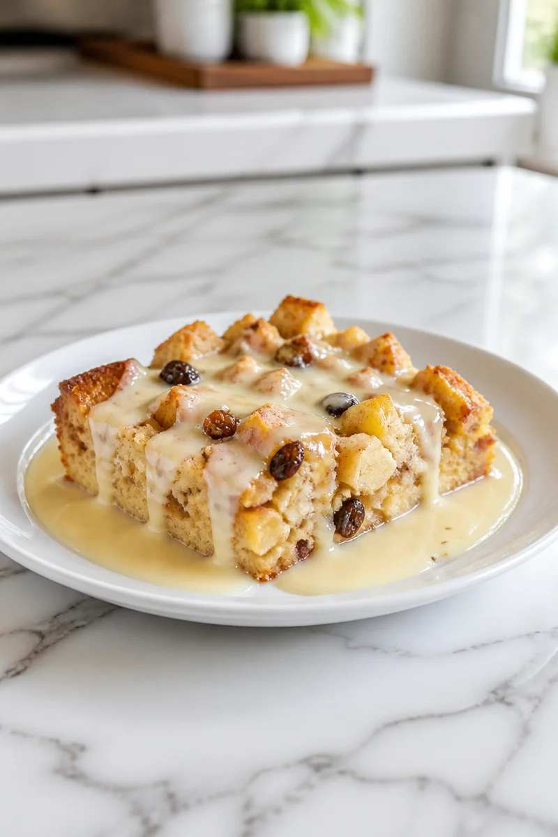 Apple Pie Bread Pudding served with Vanilla Sauce on a plate