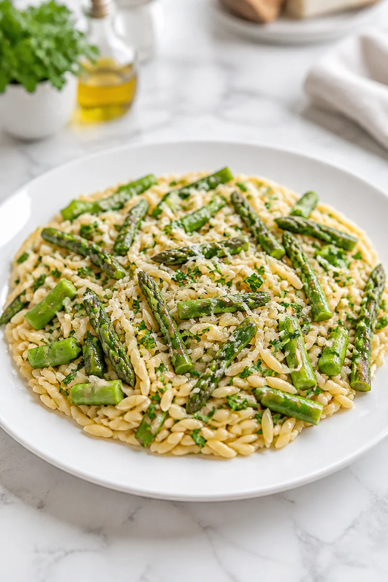 Asparagus Orzo Salad with lemon vinaigrette in a bowl