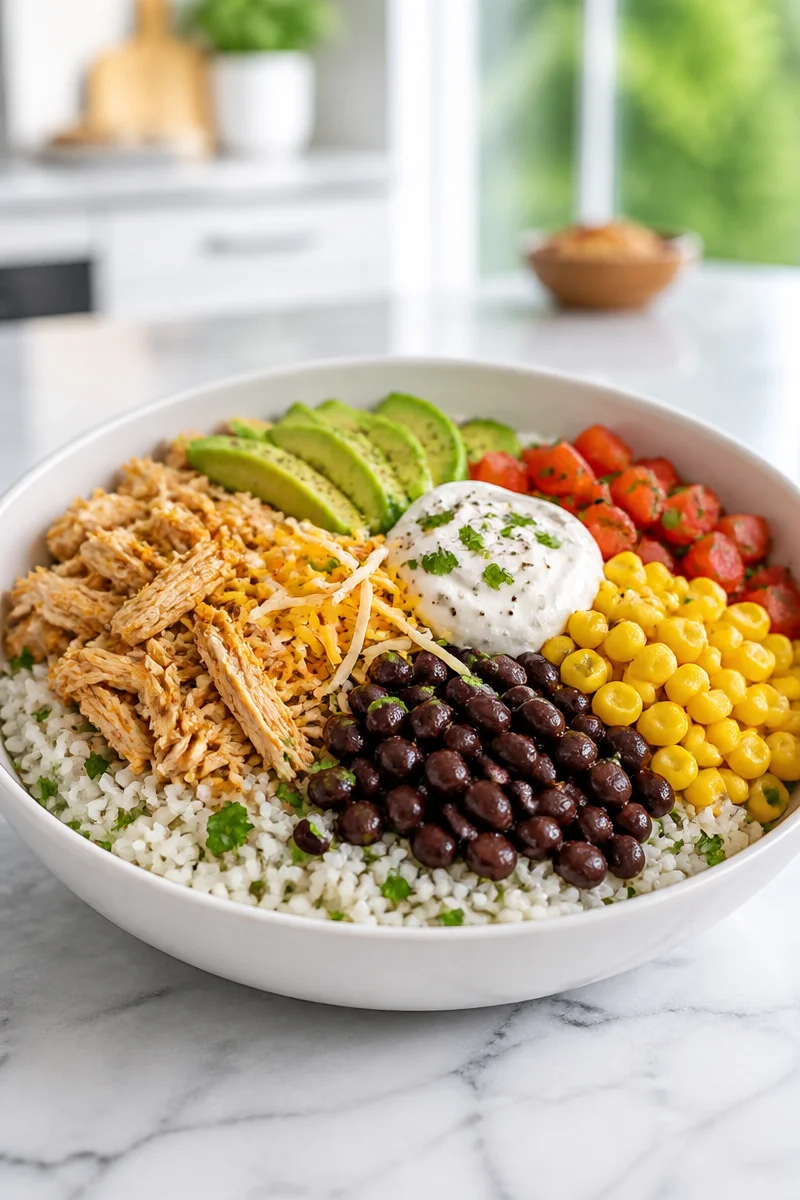 Delicious chicken burrito bowl with cilantro lime rice and fresh toppings