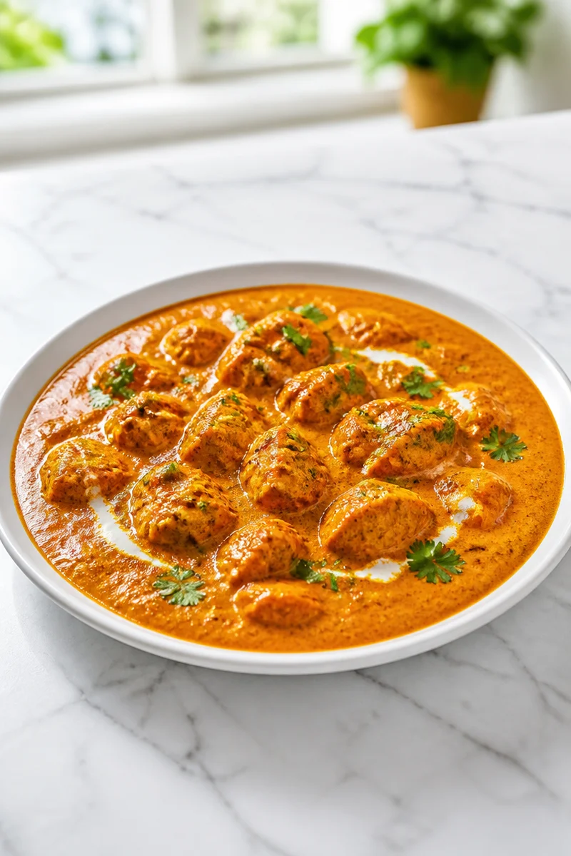 Plate of authentic Chicken Masala with creamy tomato sauce, garnished with herbs.