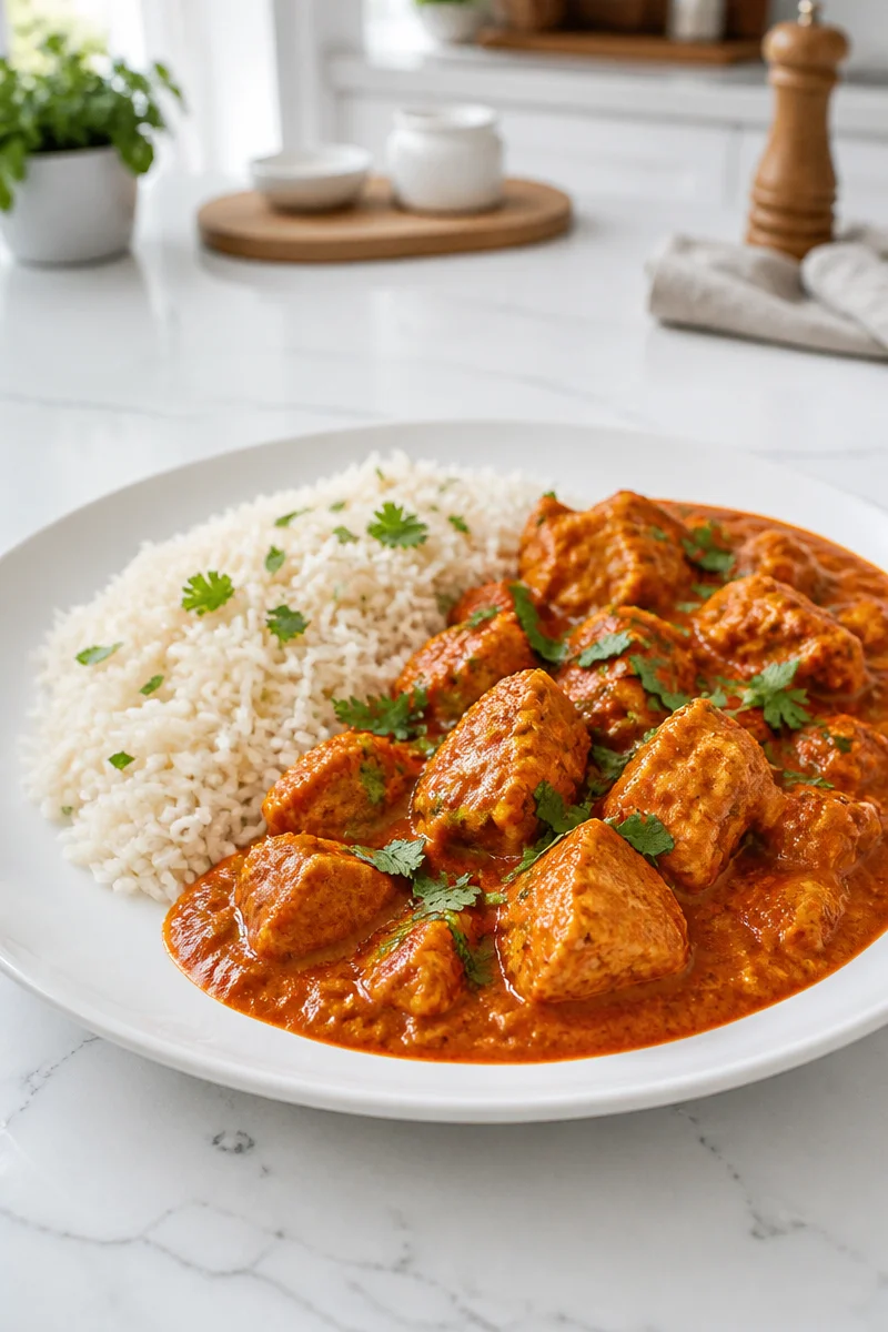 Authentic chicken tikka masala served with basmati rice