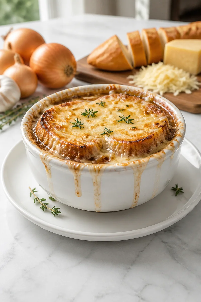 Bowl of authentic French onion soup topped with melted Gruyere cheese crust