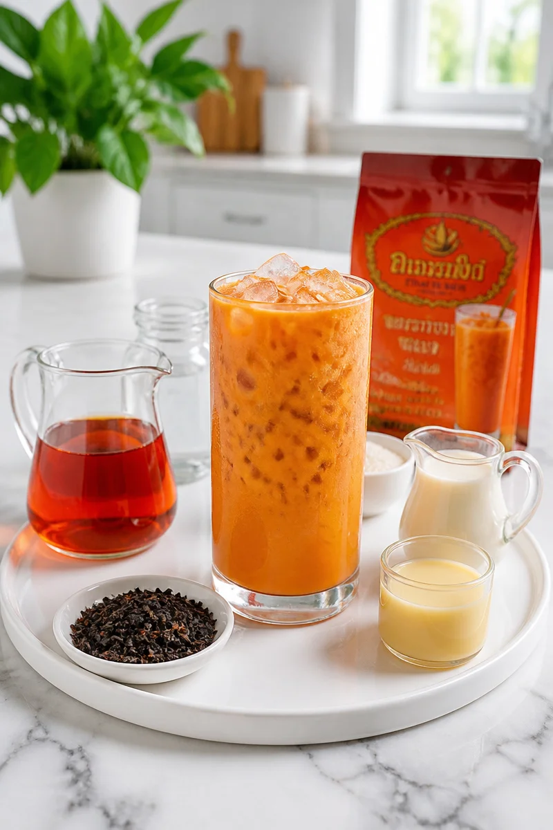 Glass of authentic iced Thai milk tea with spices and cream