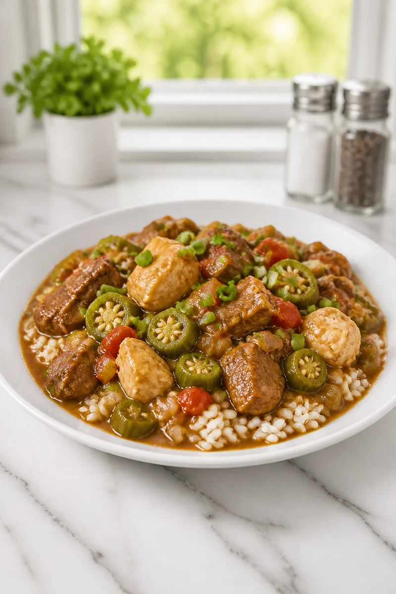 Delicious bowl of authentic Louisiana halal beef and chicken gumbo recipe