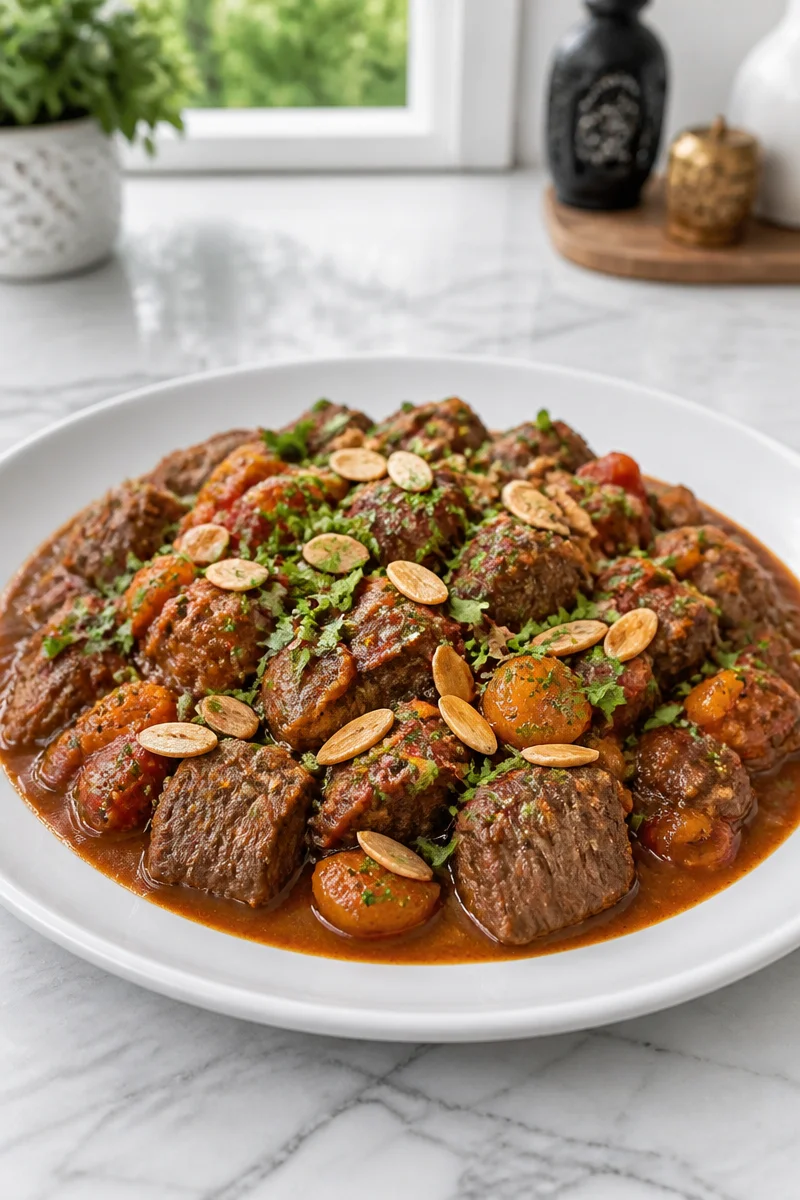 Authentic Moroccan beef tagine served with fresh vegetables and spices
