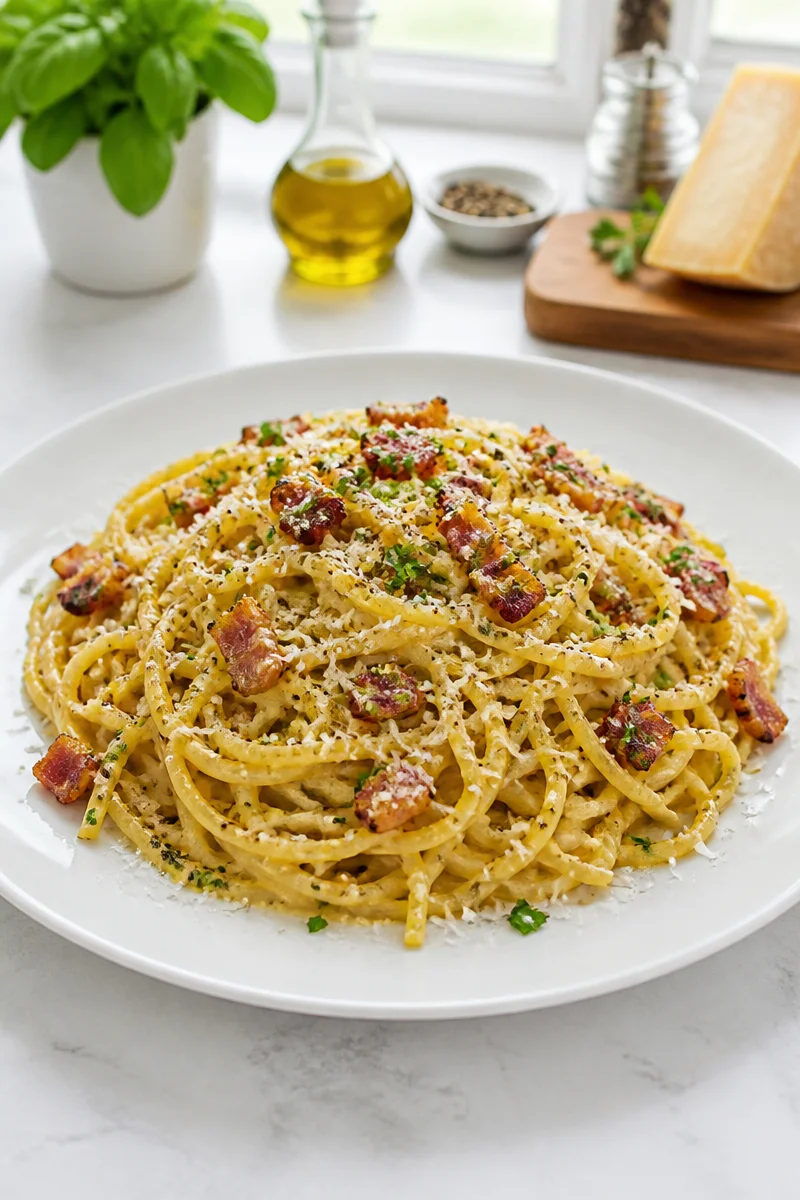 Bowl of authentic Pasta Carbonara topped with crispy pancetta and grated cheese