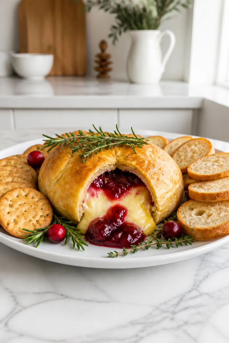 Baked brie topped with cranberry jam, served as a festive holiday appetizer