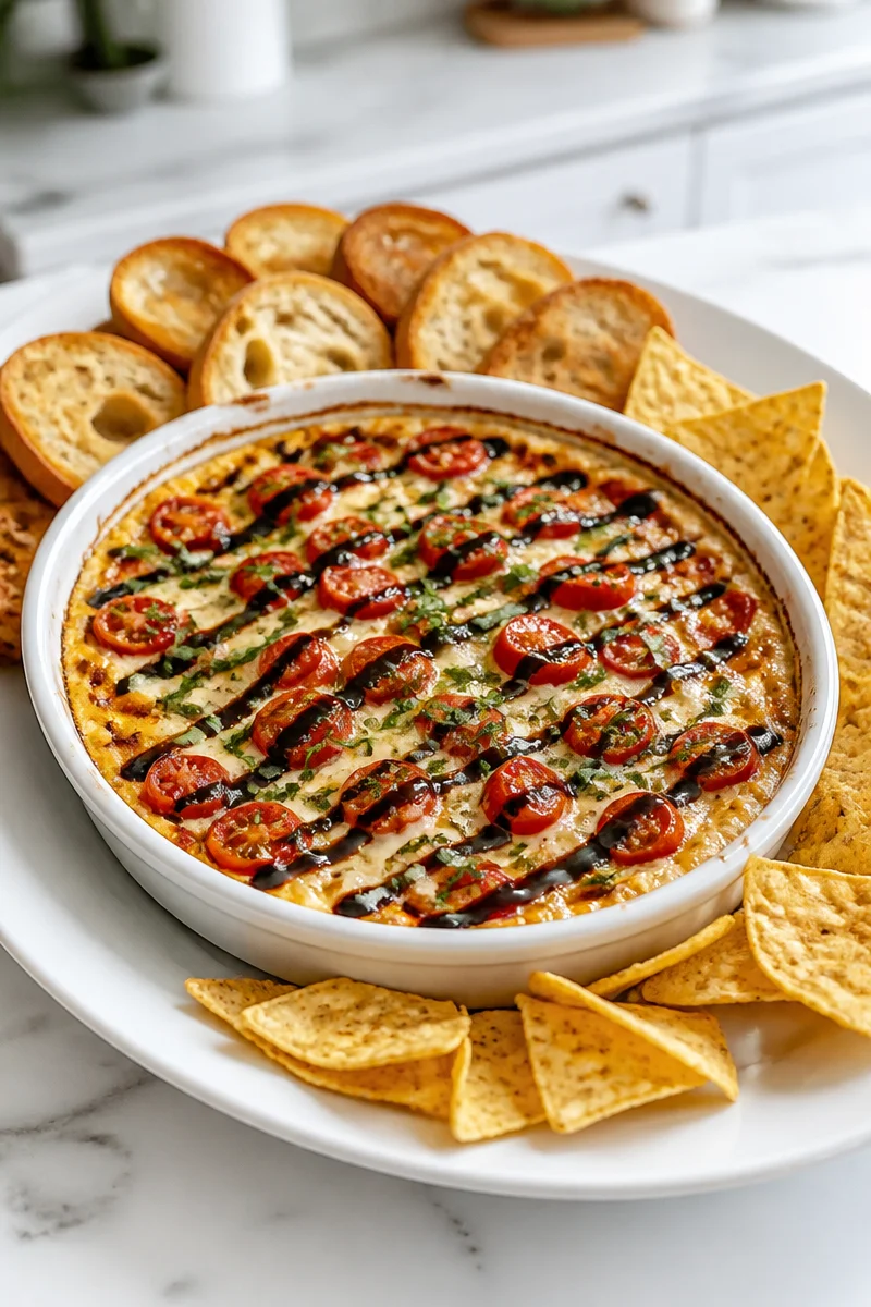 Baked Caprese Dip garnished with balsamic glaze, mozzarella, and tomatoes