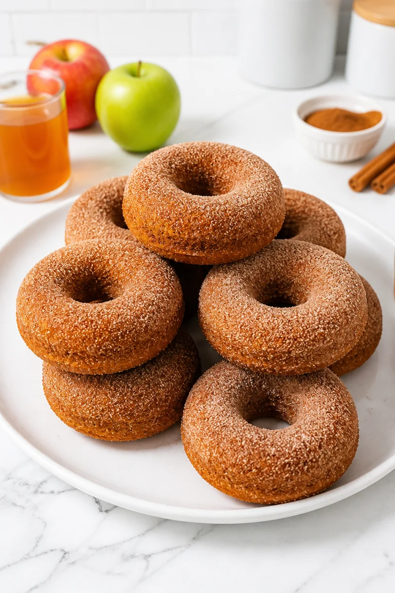 Baked cinnamon sugar apple cider donuts on a rustic wooden table.