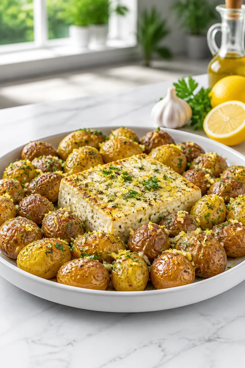 Baked feta potatoes with lemon and garlic butter served on a plate.