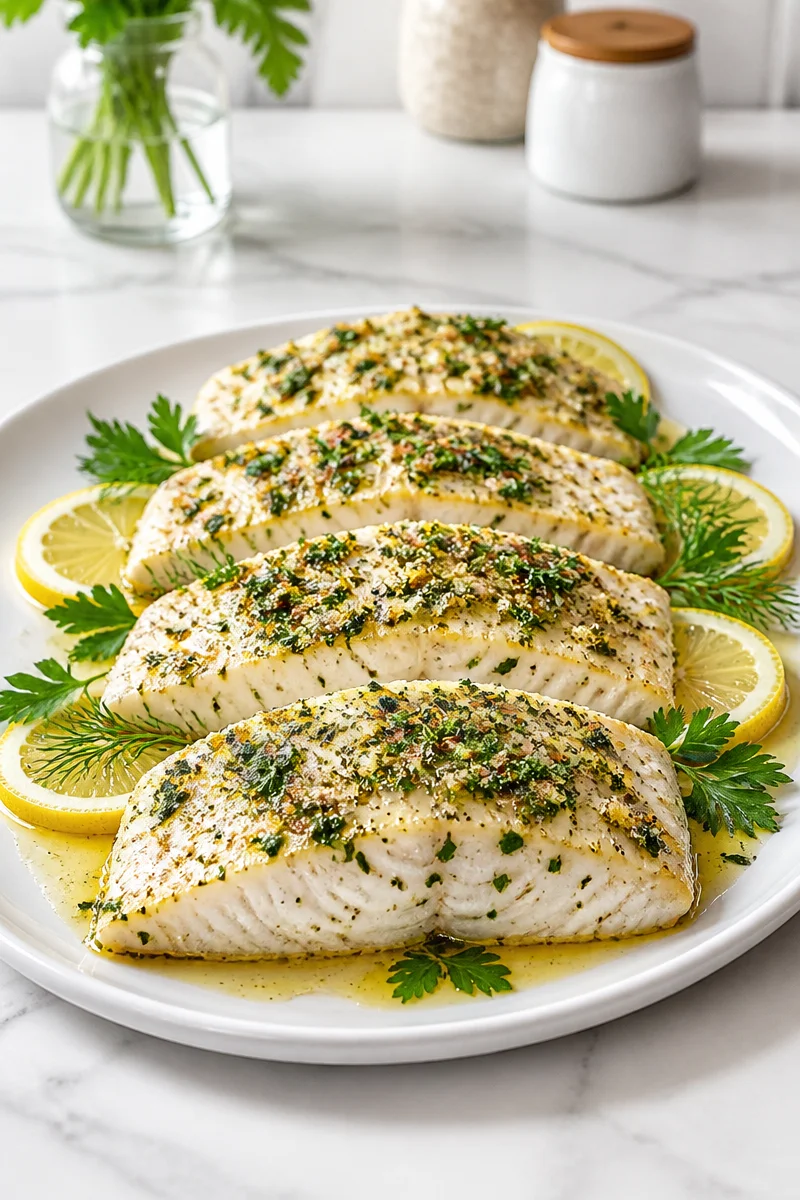 Plated baked halibut with lemon and herb butter, garnished with fresh herbs.