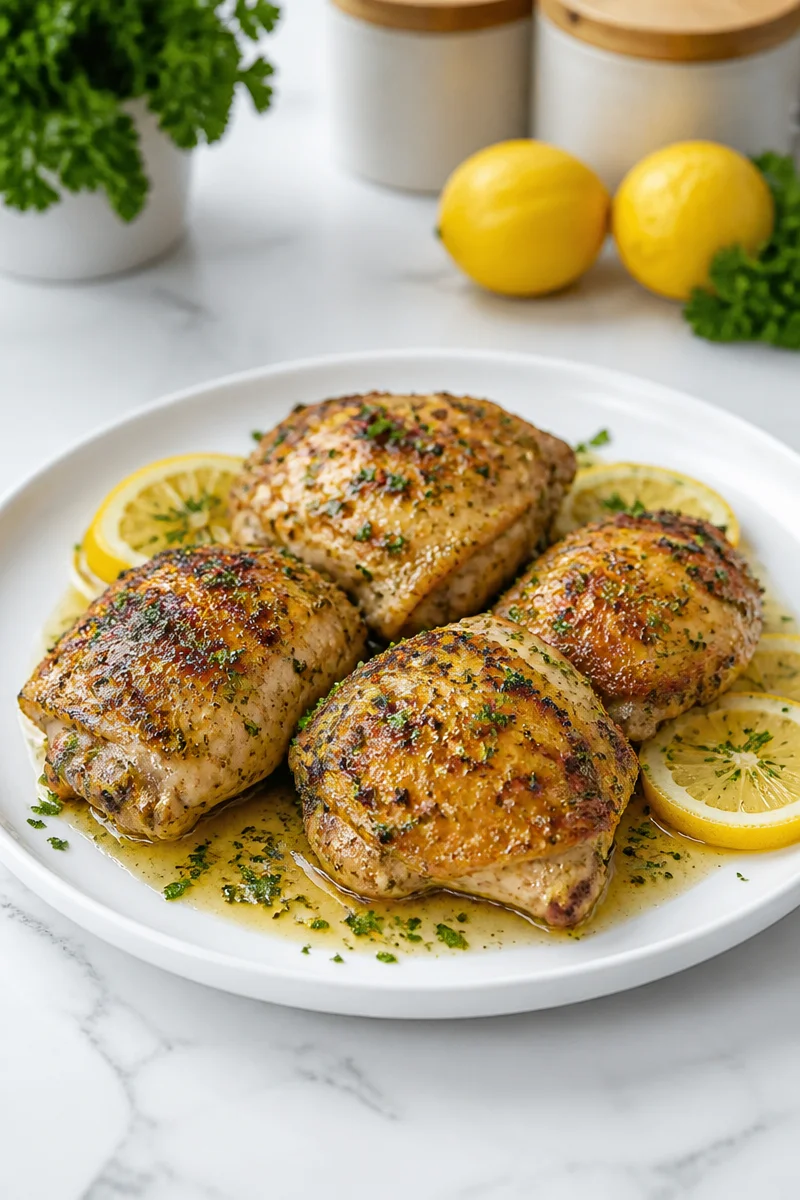 Baked lemon herb chicken thigh garnished with fresh herbs and lemon slices