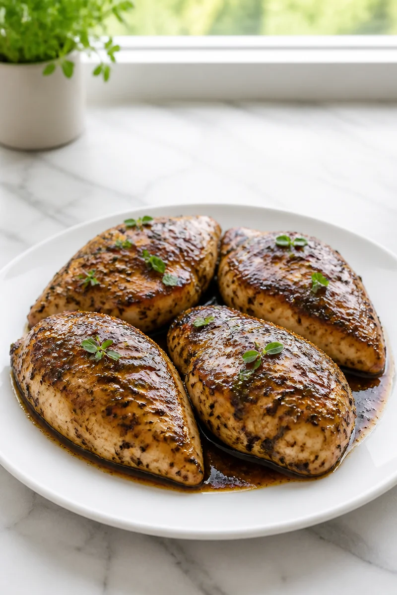 Baked low sodium balsamic chicken breast with oregano on a plate