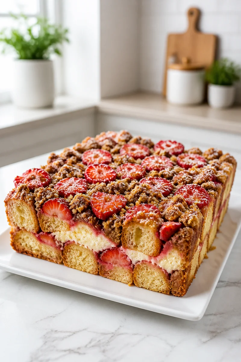 Baked strawberry cheesecake French toast bake with streusel topping