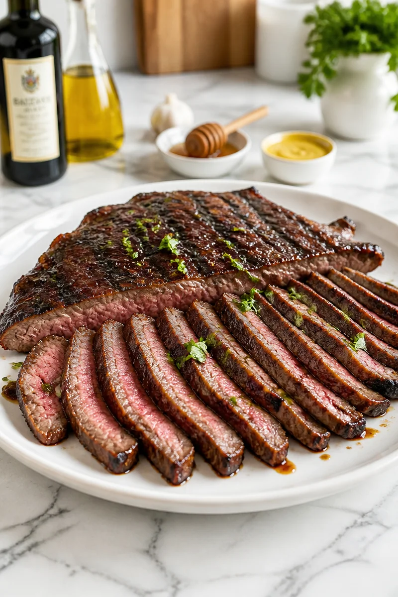 Balsamic glazed grilled flank steak served with vegetables on a plate