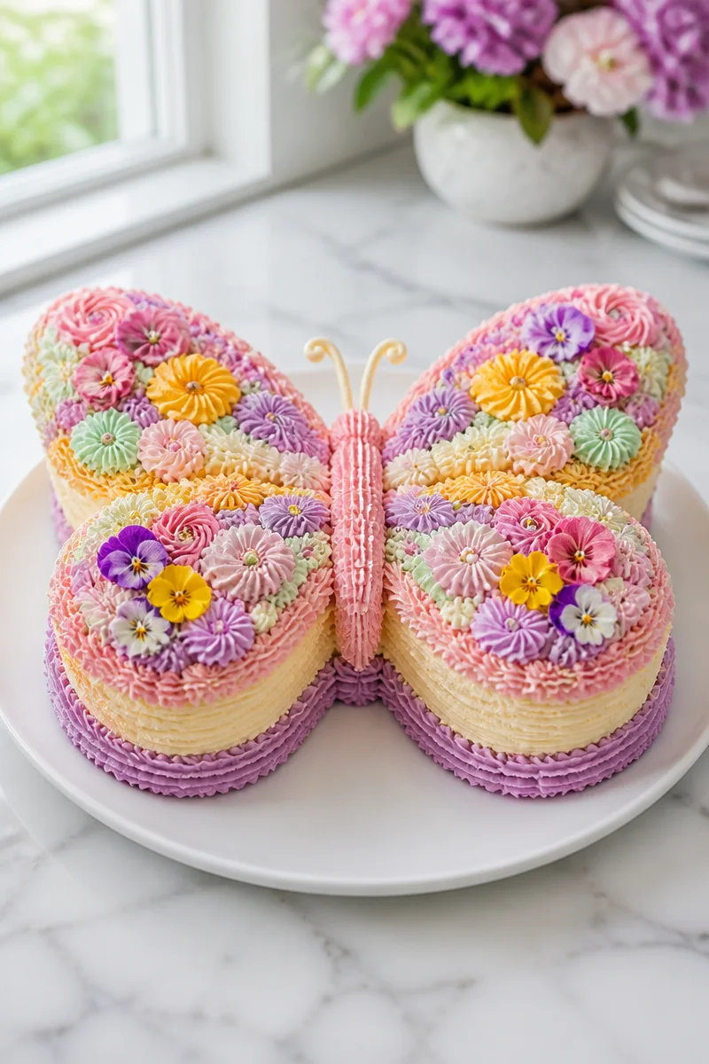 Pastel floral frosted butterfly cake decorated with vibrant flowers and butterflies