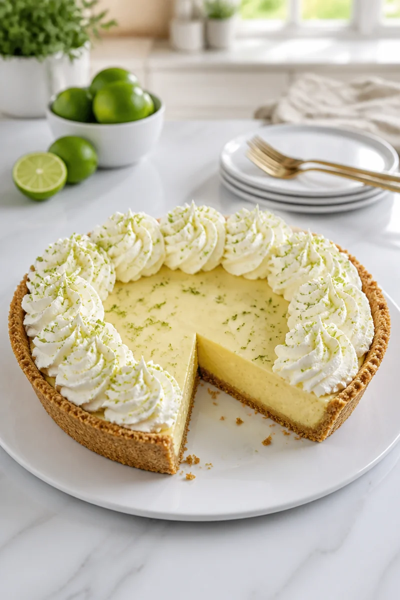 Delicious homemade key lime pie garnished with lime slices and whipped cream.