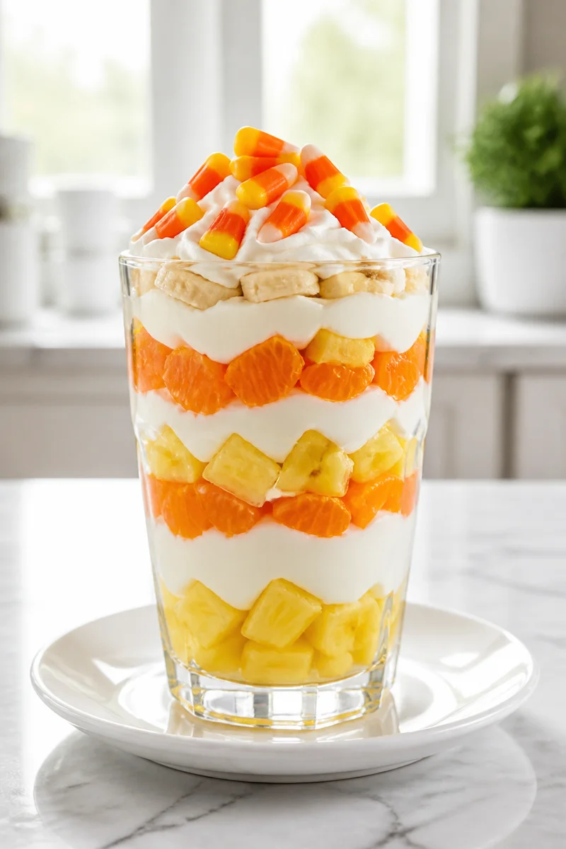 Candy Corn Layered Fruit Parfait with colorful layers of fruit and whipped cream
