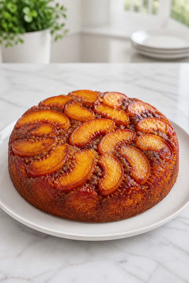 Caramelized Peach and Cinnamon Cake topped with fresh peach slices and cinnamon