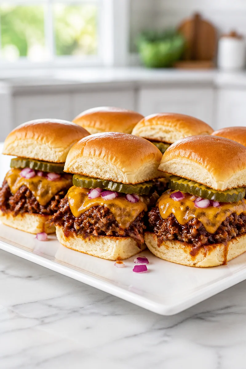 Cheesy BBQ pulled beef slider sandwich topped with melted cheese