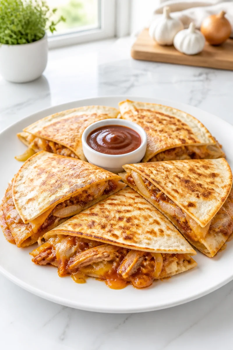 Cheesy BBQ Pulled Chicken and Onion Quesadilla served on a plate