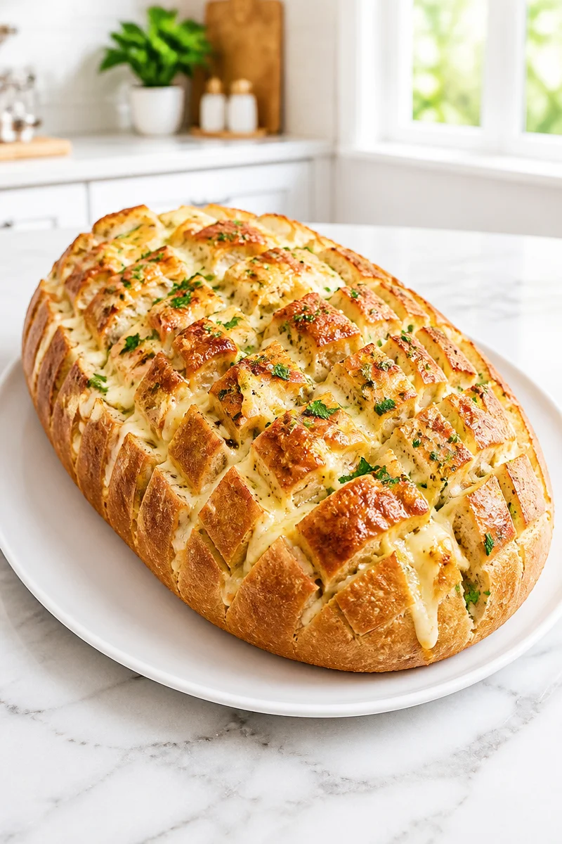 Cheesy Garlic Bread Pull-Apart Loaf served on a wooden cutting board