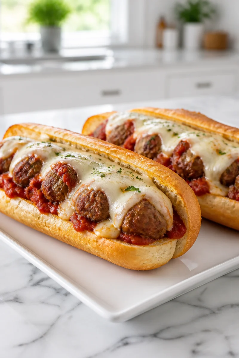 Cheesy Italian beef meatball sub sandwich topped with gooey cheese and herbs.