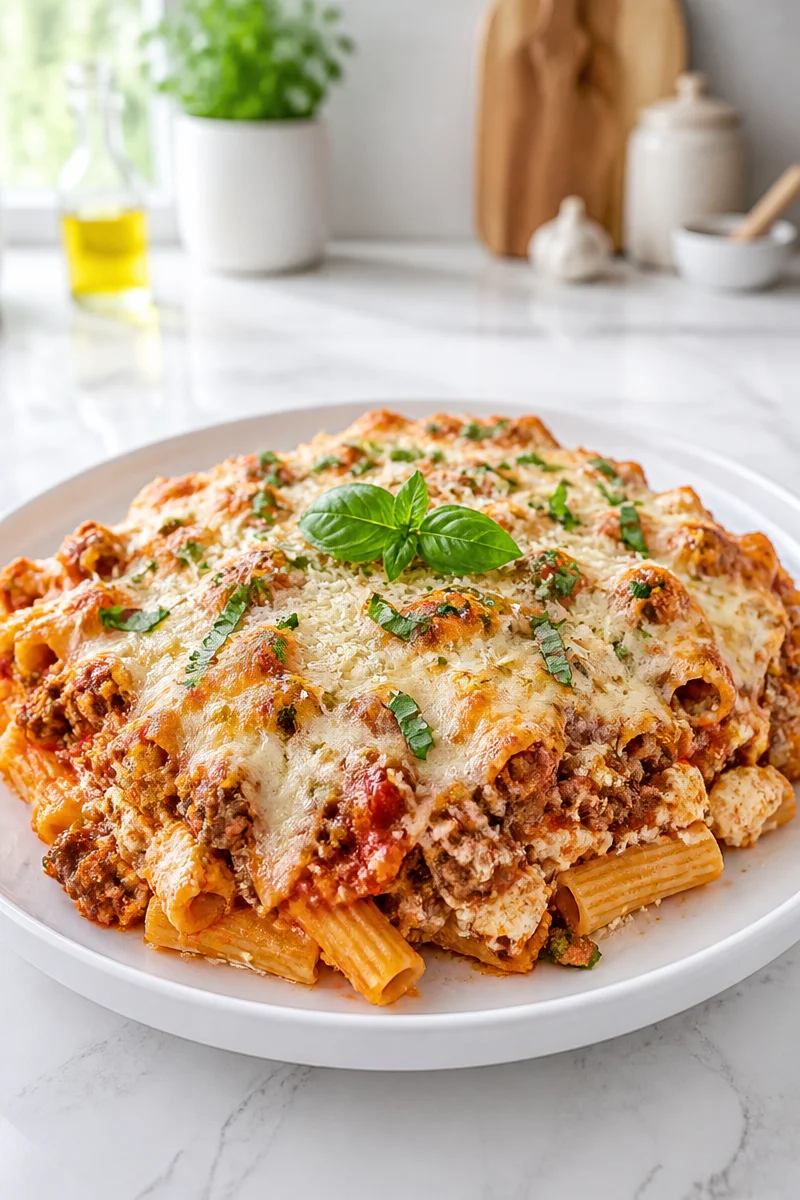Cheesy baked ziti with ground beef and melted cheese in a baking dish