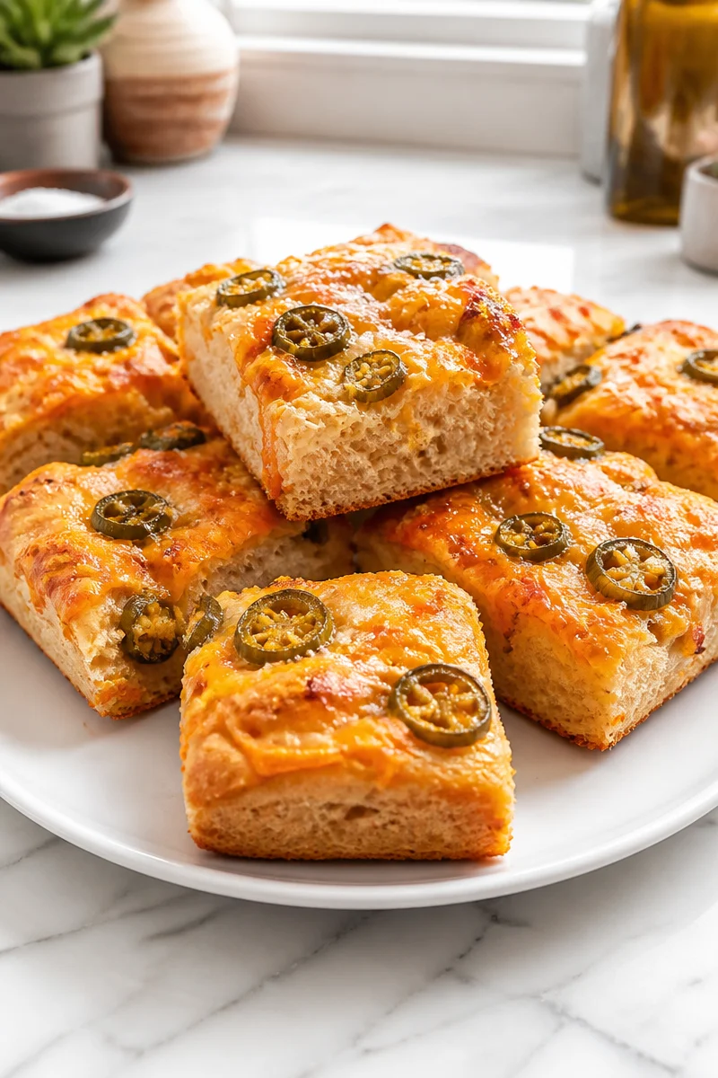 Cheesy jalapeno cheddar focaccia bread freshly baked with jalapenos and cheese