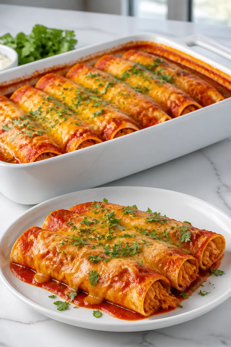 Cheesy red sauce shredded chicken enchiladas plated for dinner