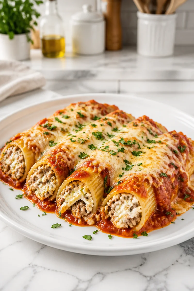 Cheesy beef stuffed manicotti baked with ricotta cheese and marinara sauce.