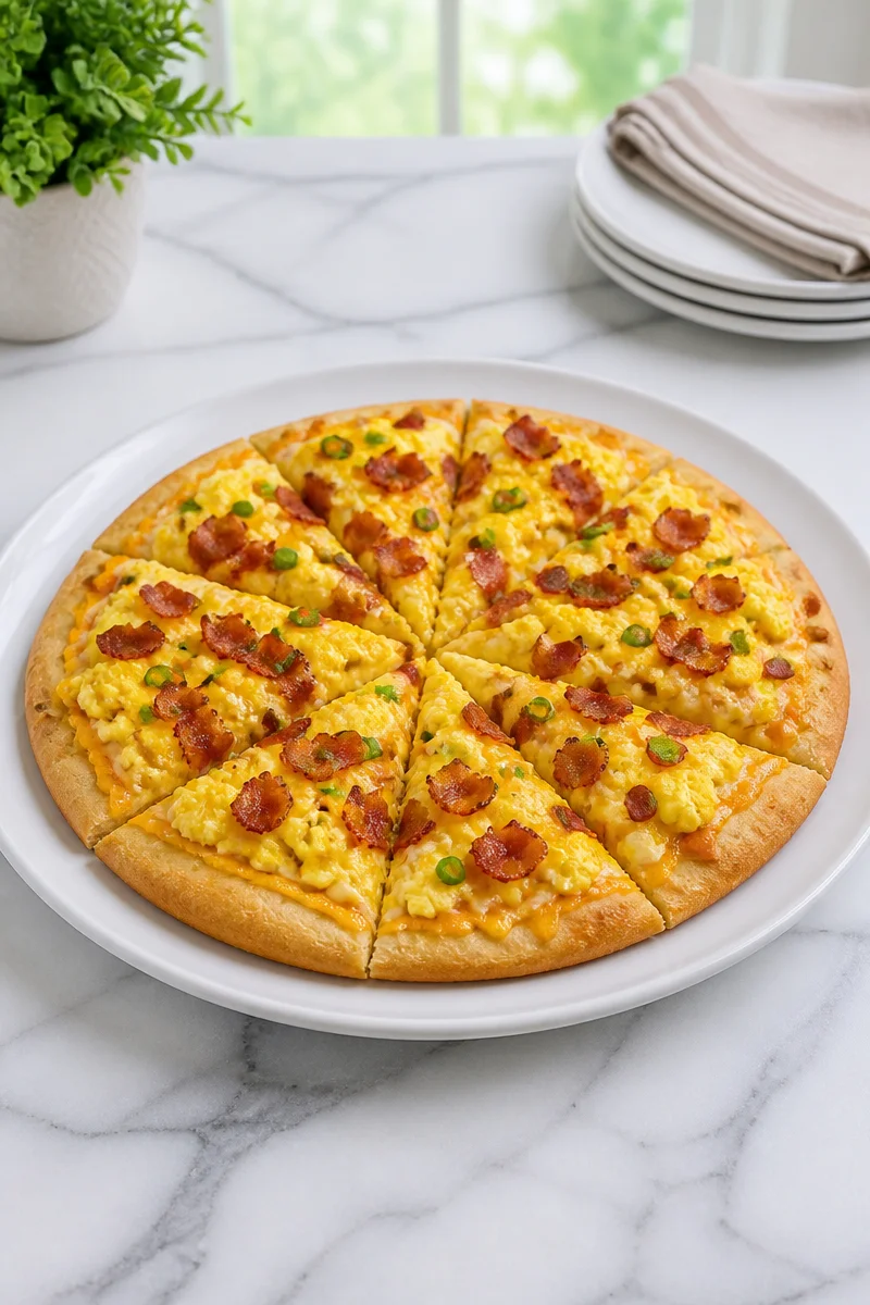 Cheesy scrambled egg and turkey bacon breakfast pizza served on a plate.