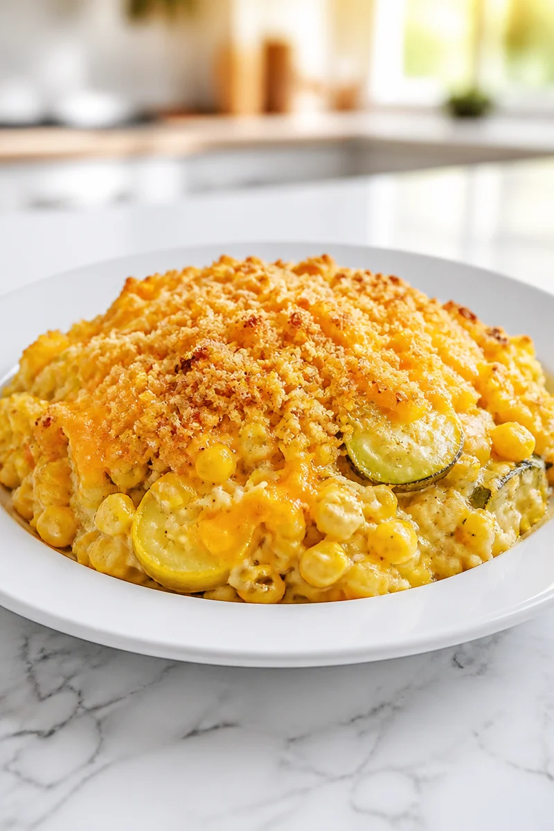 Cheesy summer squash and corn casserole served in a dish