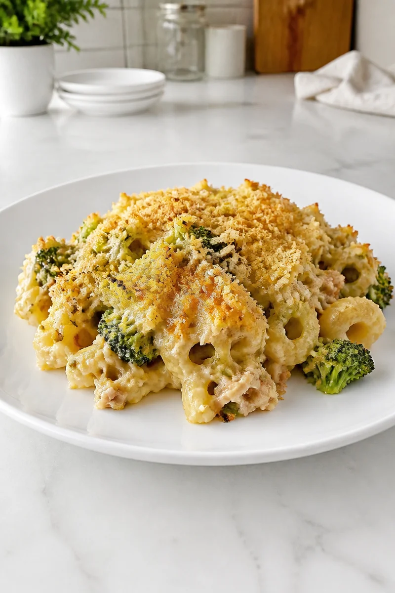 Cheesy tuna casserole with broccoli and breadcrumbs served in a baking dish.