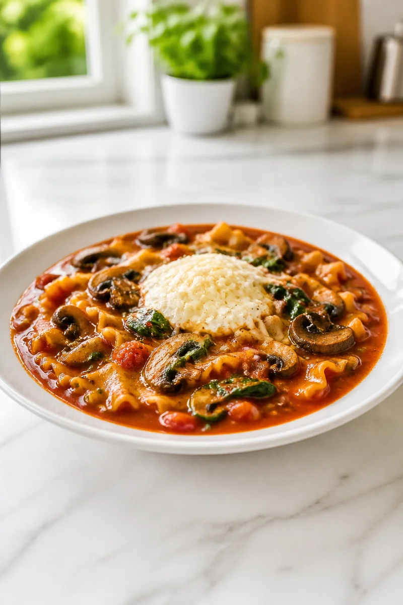 Cheesy Vegetarian Mushroom and Spinach Lasagna Soup in a bowl