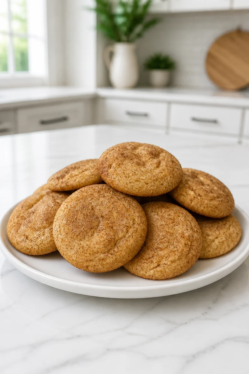 Delicious chewy brown butter snickerdoodle cookies on a rustic wooden table.