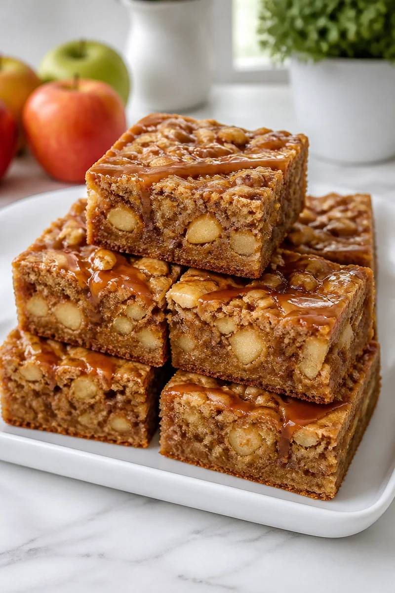 Chewy caramel apple spice blondie dessert topped with caramel drizzle and apple slices.