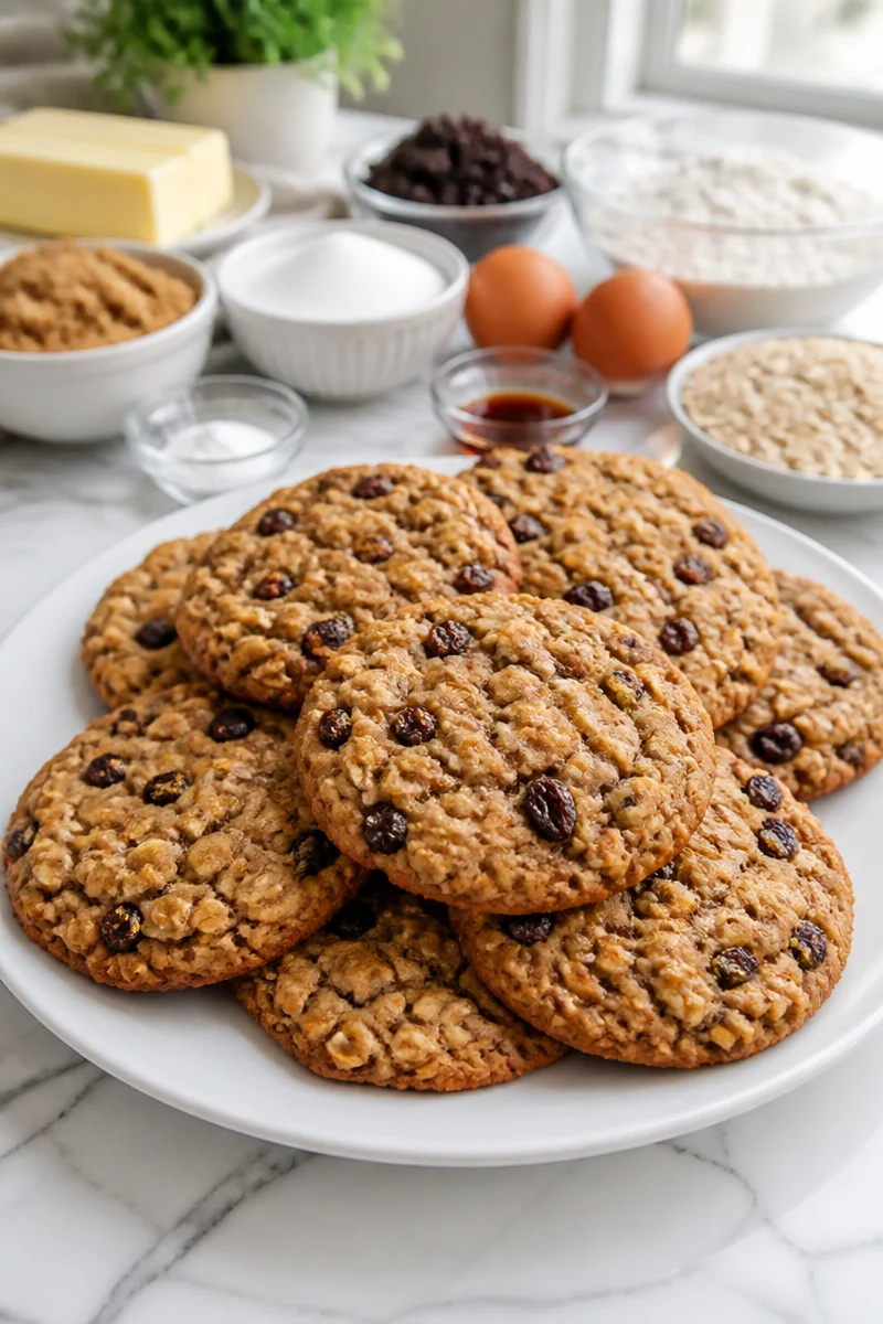 Delicious chewy oatmeal raisin cookies on a baking tray