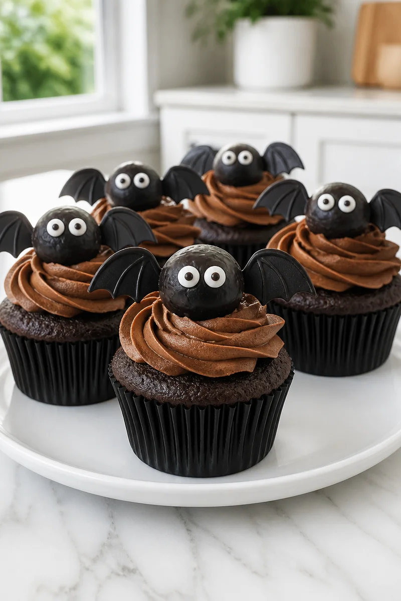 Chocolate Bat Truffle Topped Cupcake decorated with chocolate bats