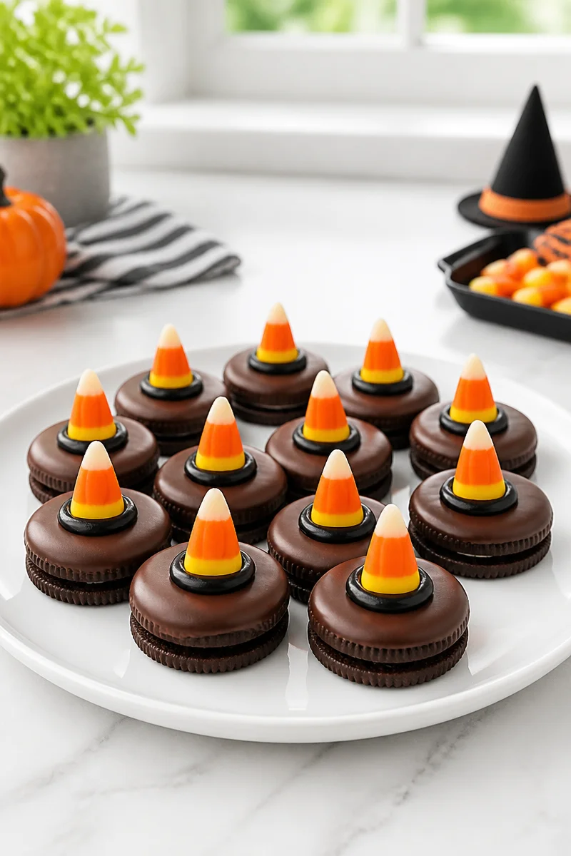 Chocolate dipped Oreo witch hat Halloween treat displayed on a festive plate.